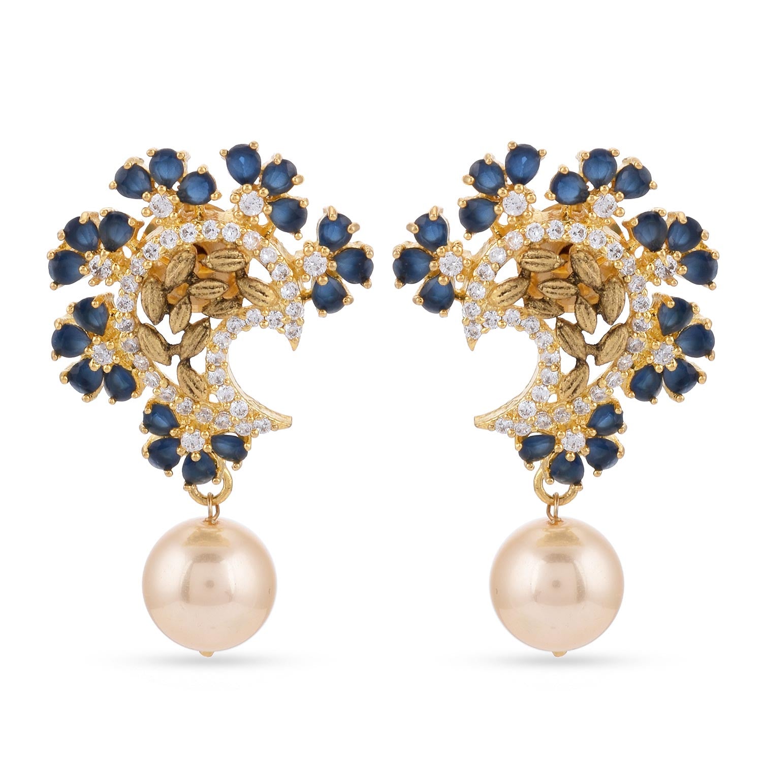 Blue Stones Floral Design Antique Pendant Set With Pearl Drops