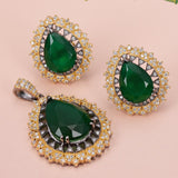 Contemporary Black Beauty Green Stone Designer Pendant Set