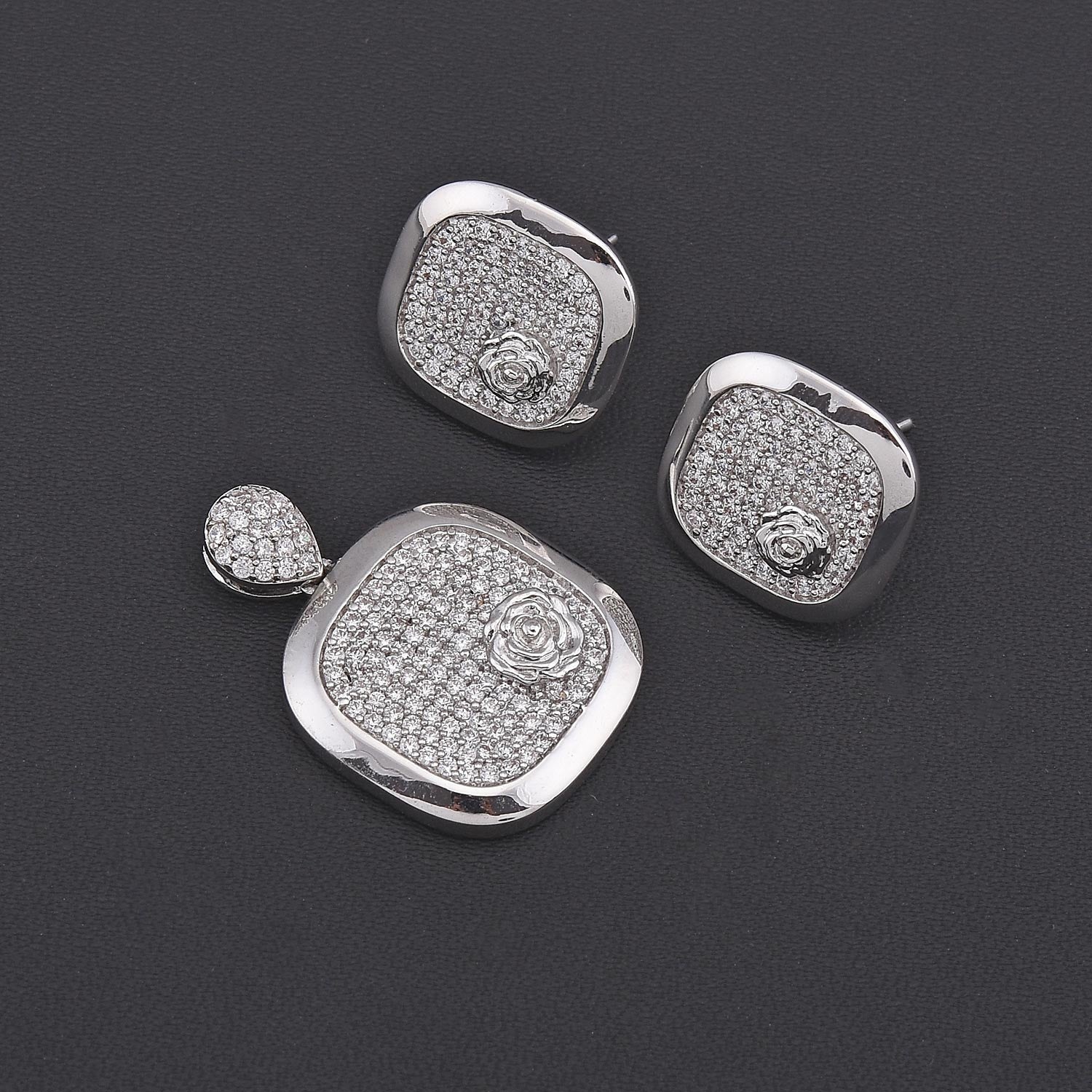 Floral Designer White Rhodium Plated Pendant Set