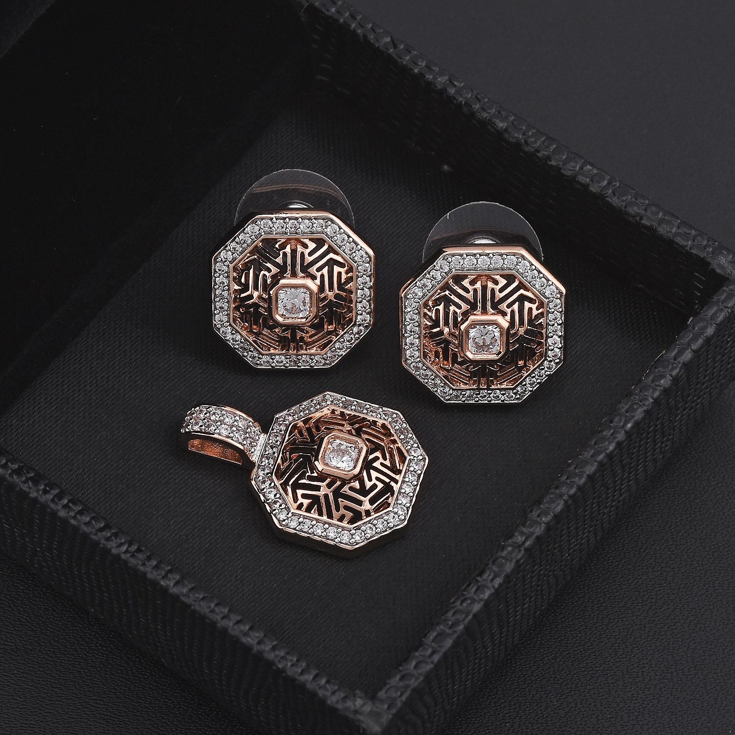 International Style American Diamonds Rose Gold Plated Pendant Set