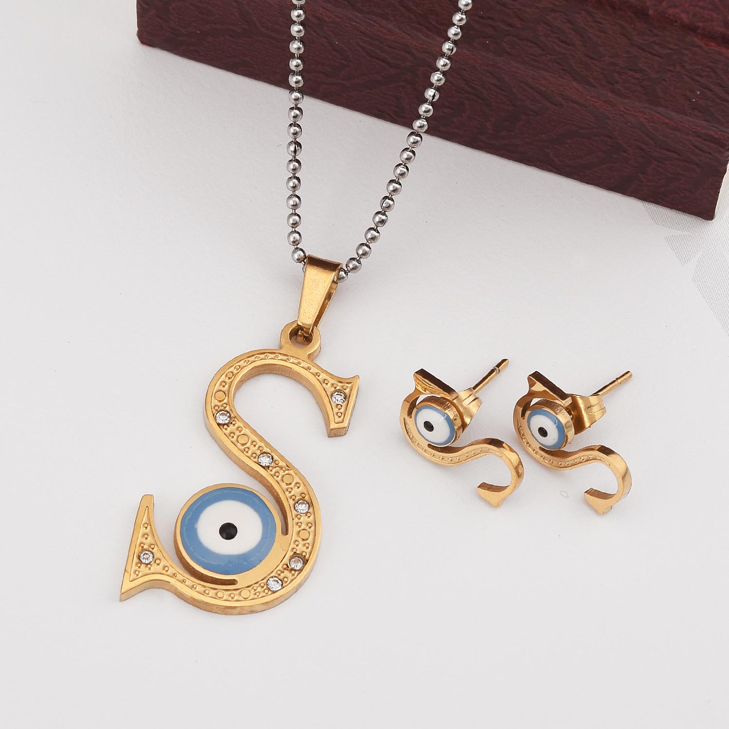 Initial S Evil Eye Big Pendant Set