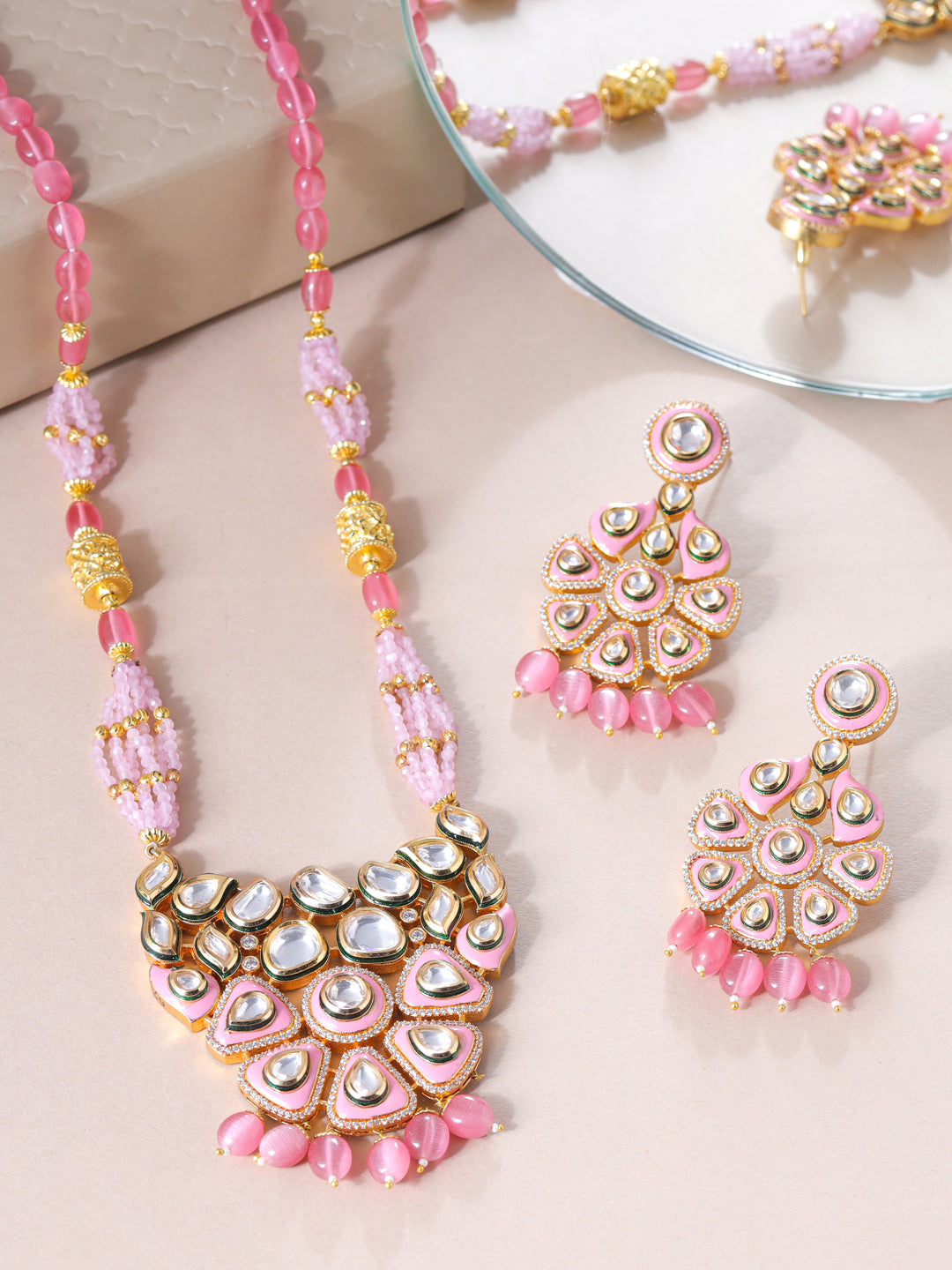 Pink Enamelled Kundan Polki Pendant Set