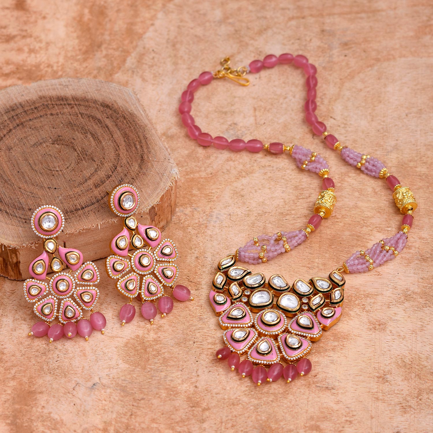 Pink Enamelled Kundan Polki Pendant Set