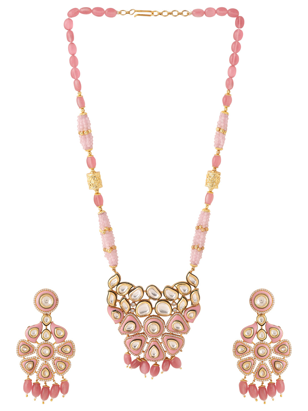 Pink Enamelled Kundan Polki Pendant Set