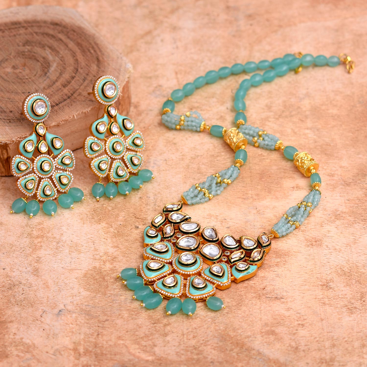 Greenish Enamelled Kundan Polki Pendant Set