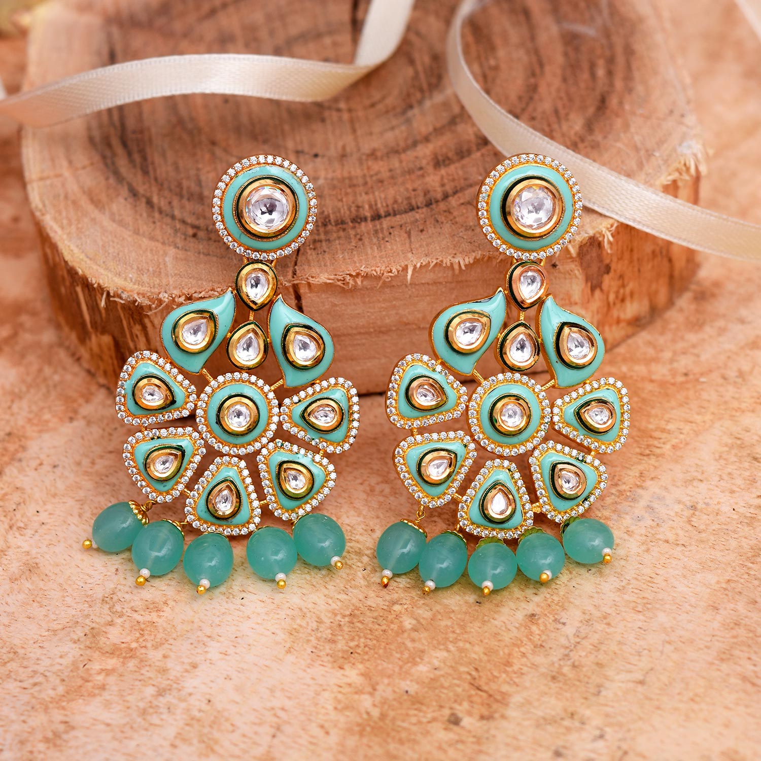 Greenish Enamelled Kundan Polki Pendant Set