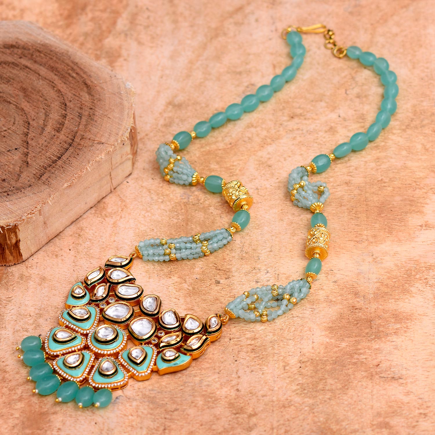 Greenish Enamelled Kundan Polki Pendant Set
