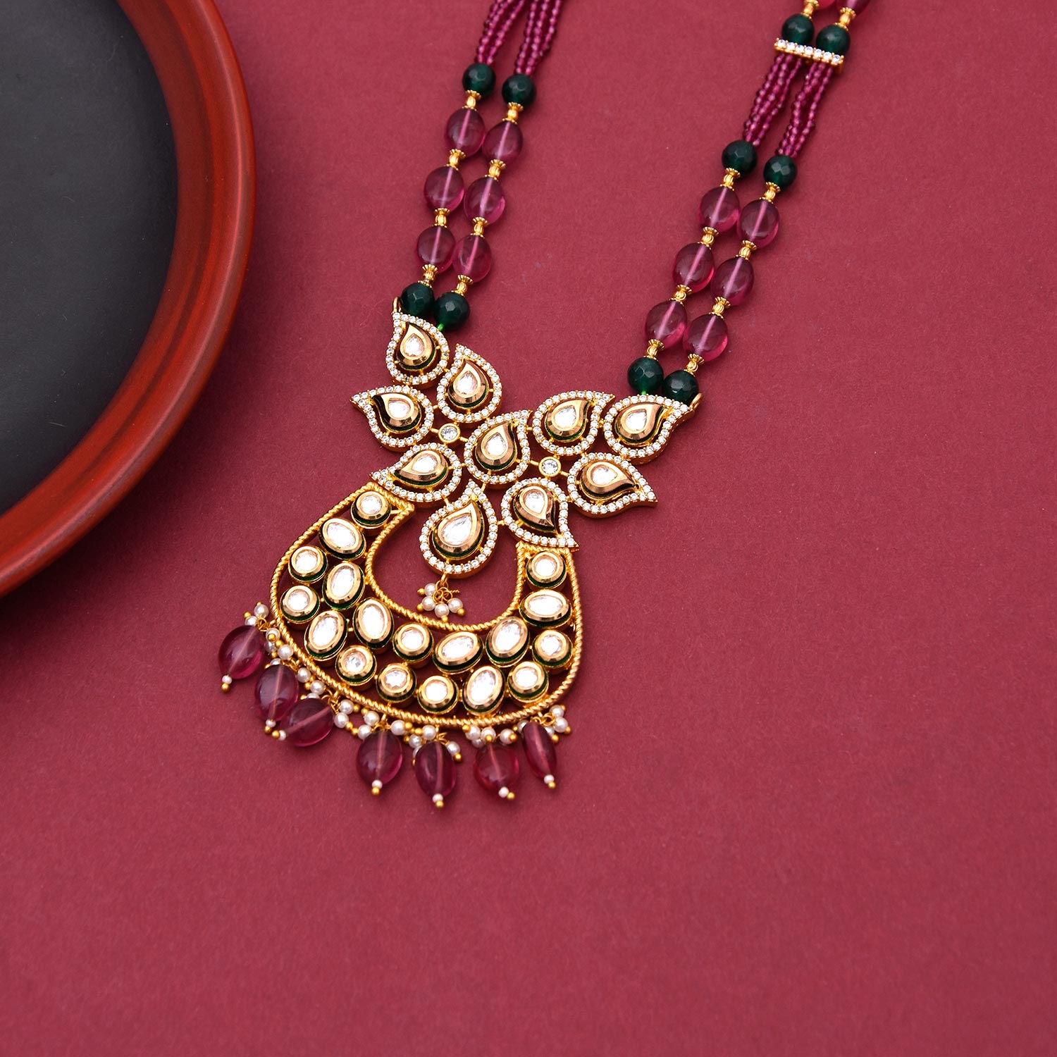Enamelled Kundan Meena Pendant Set