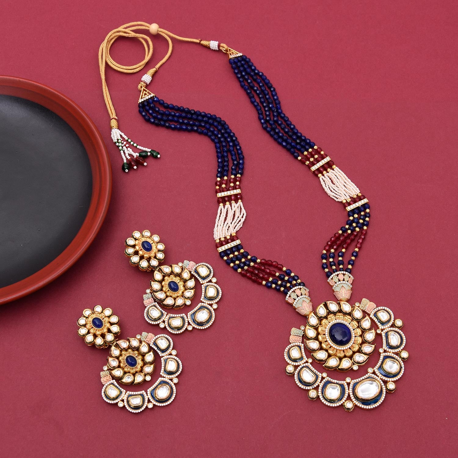 Floral Kundan Meena Colored Stones Designer Pendant Set
