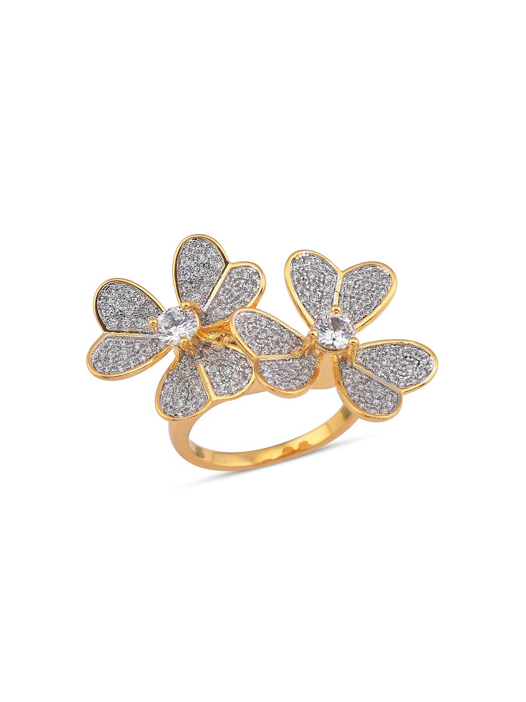 Big Bold Two Flowers Two Tone Plated Cocktail Ring