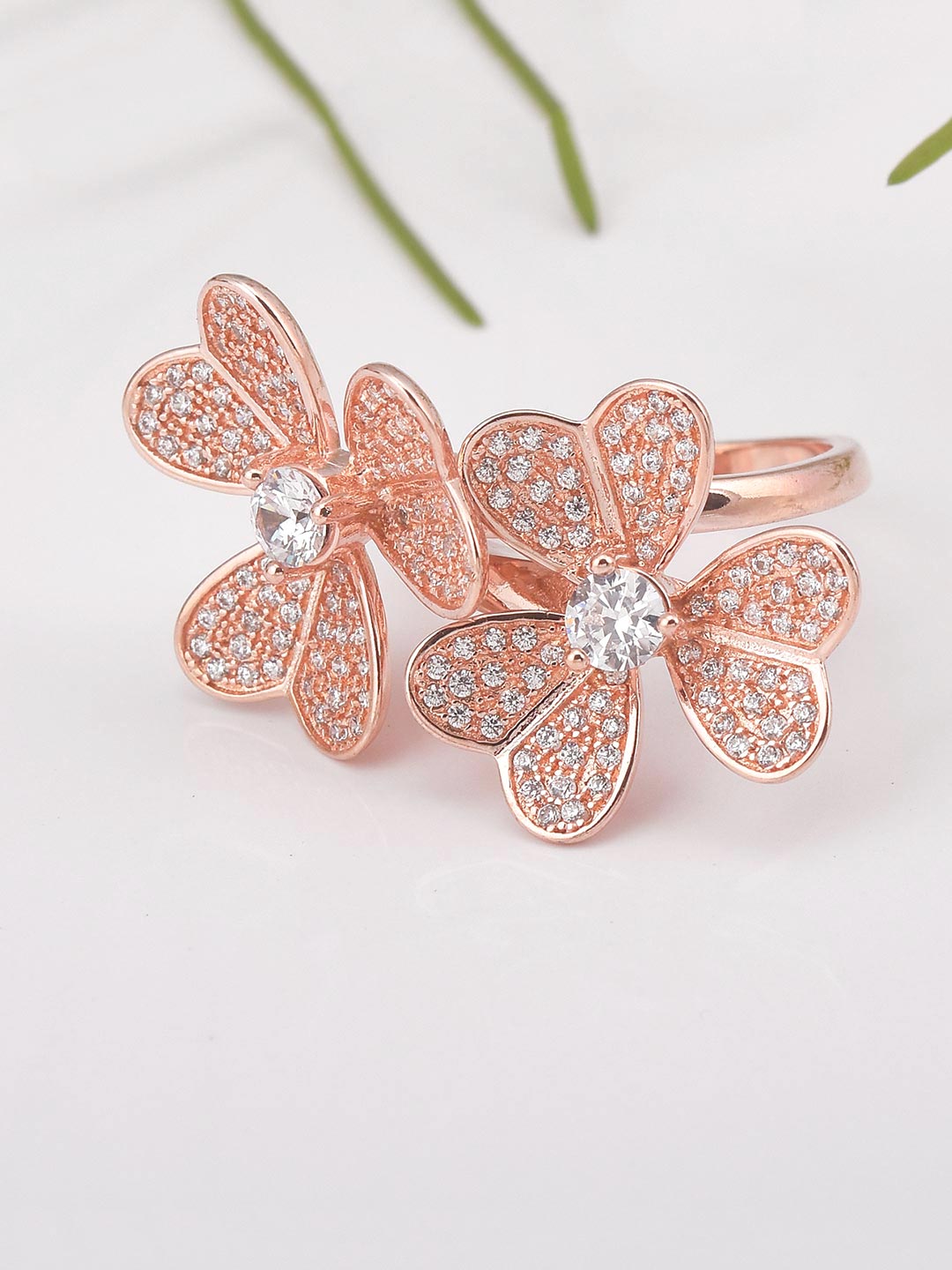 Big Bold Two Flowers Rose Gold Plated Cocktail Ring