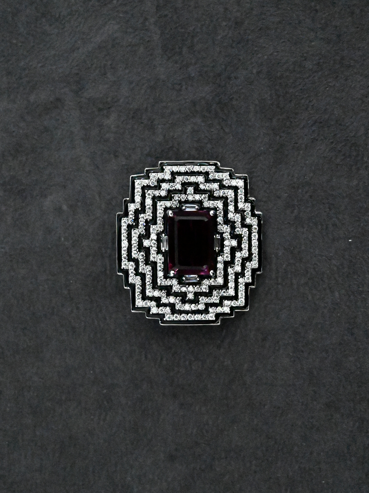 Classy Three Dimensional Rhodolite Colored Stone and Black Enamel Sterling Silver Female Brooch