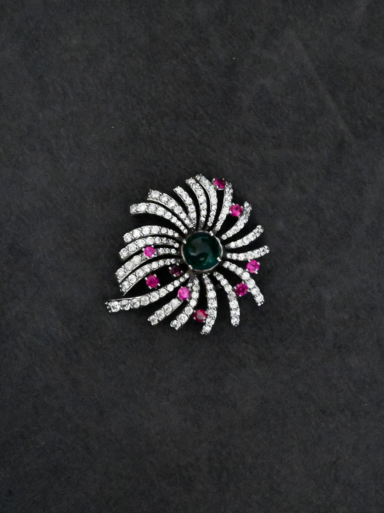 Floral Designer Red Green Sterling Silver Brooch