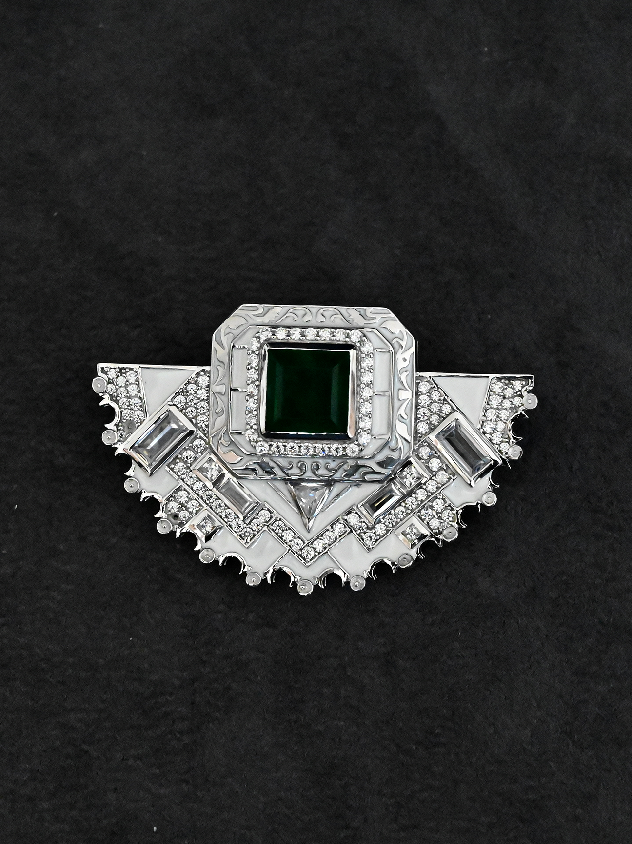 High End Designer White Enamel and Emerald Sterling Silver Brooch