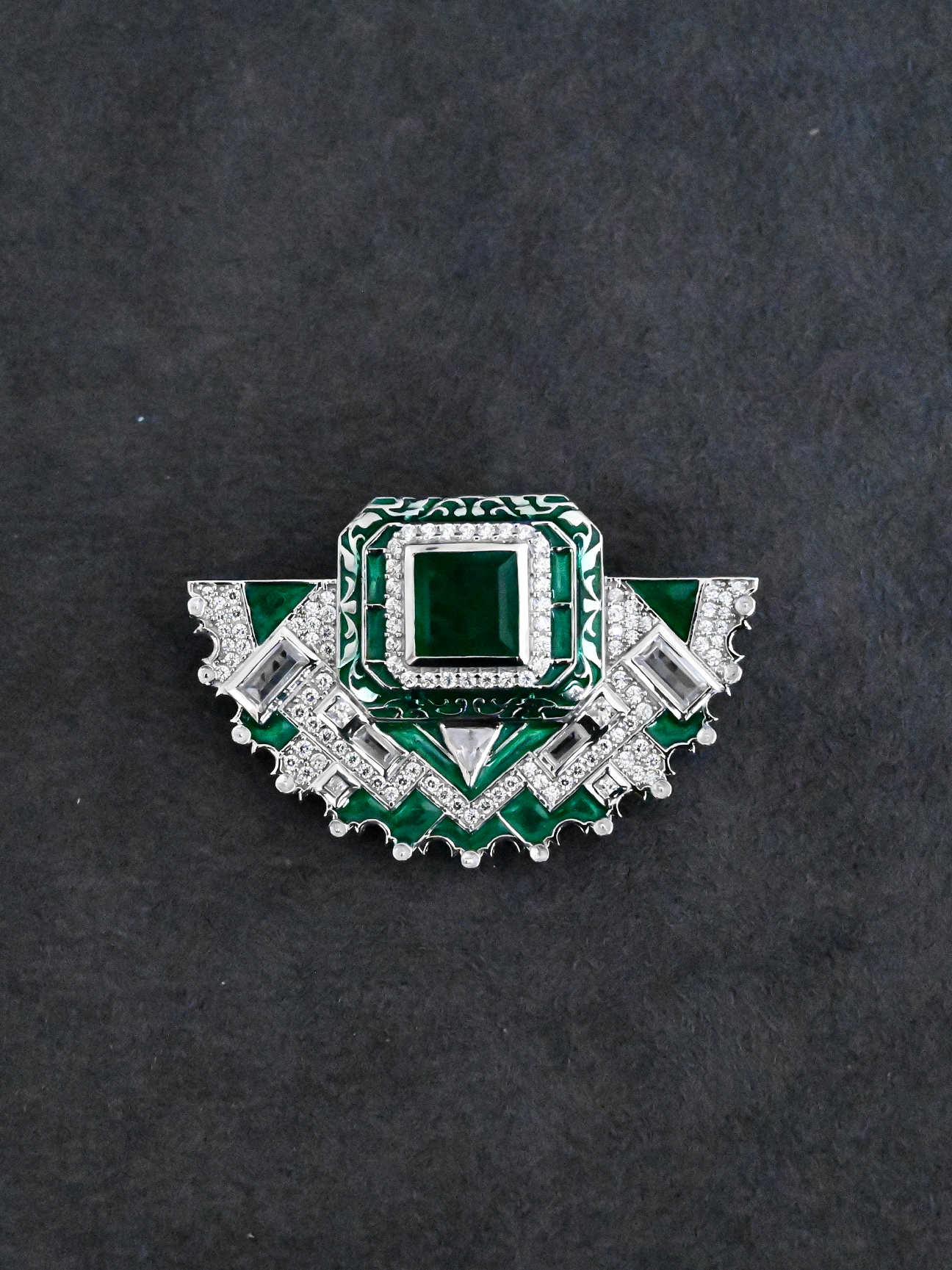 High End Designer Green Enamel and Emerald Sterling Silver Brooch