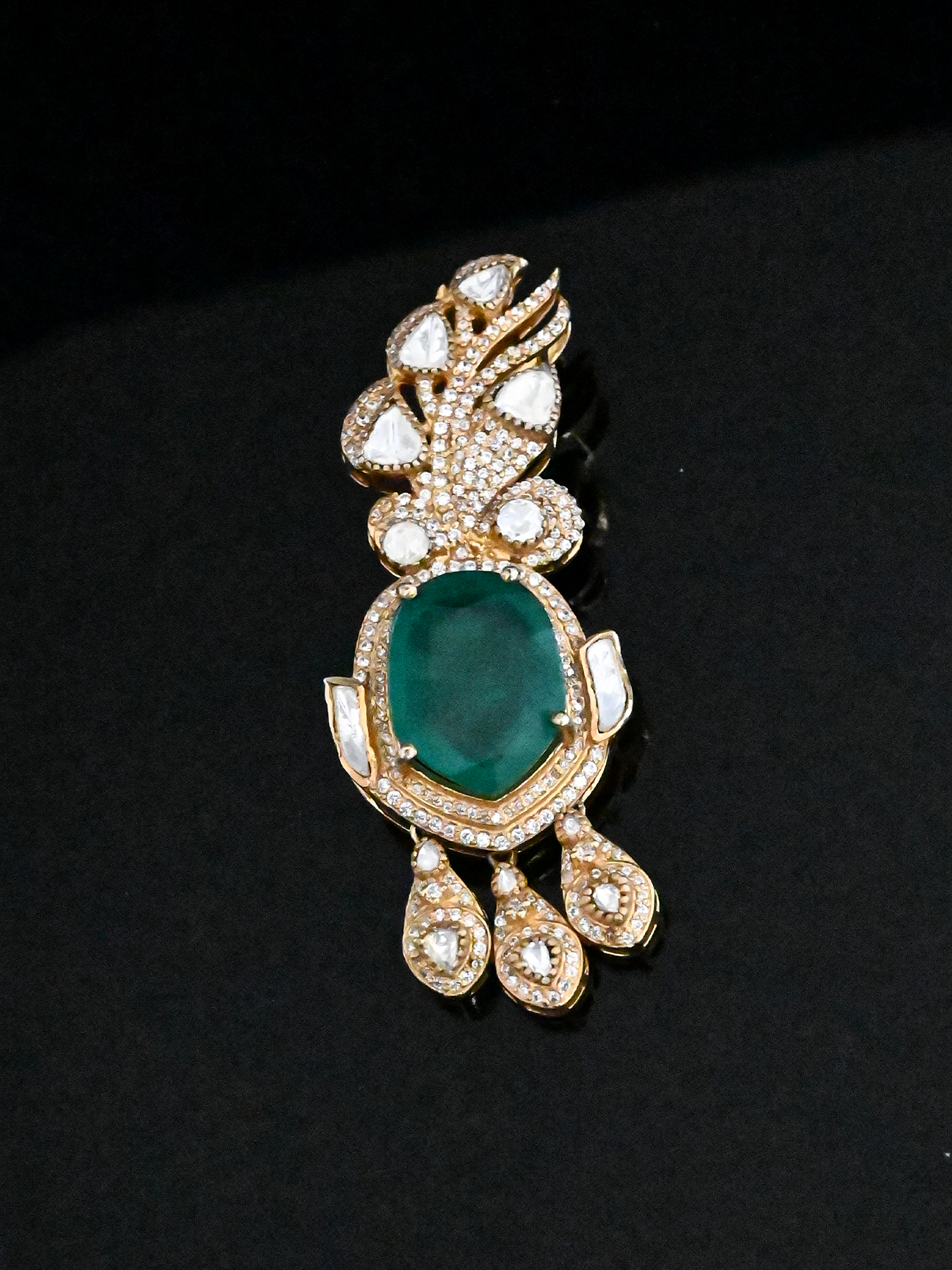 Emerald and Kundan Polki Gold Plated Sterling Silver Brooch
