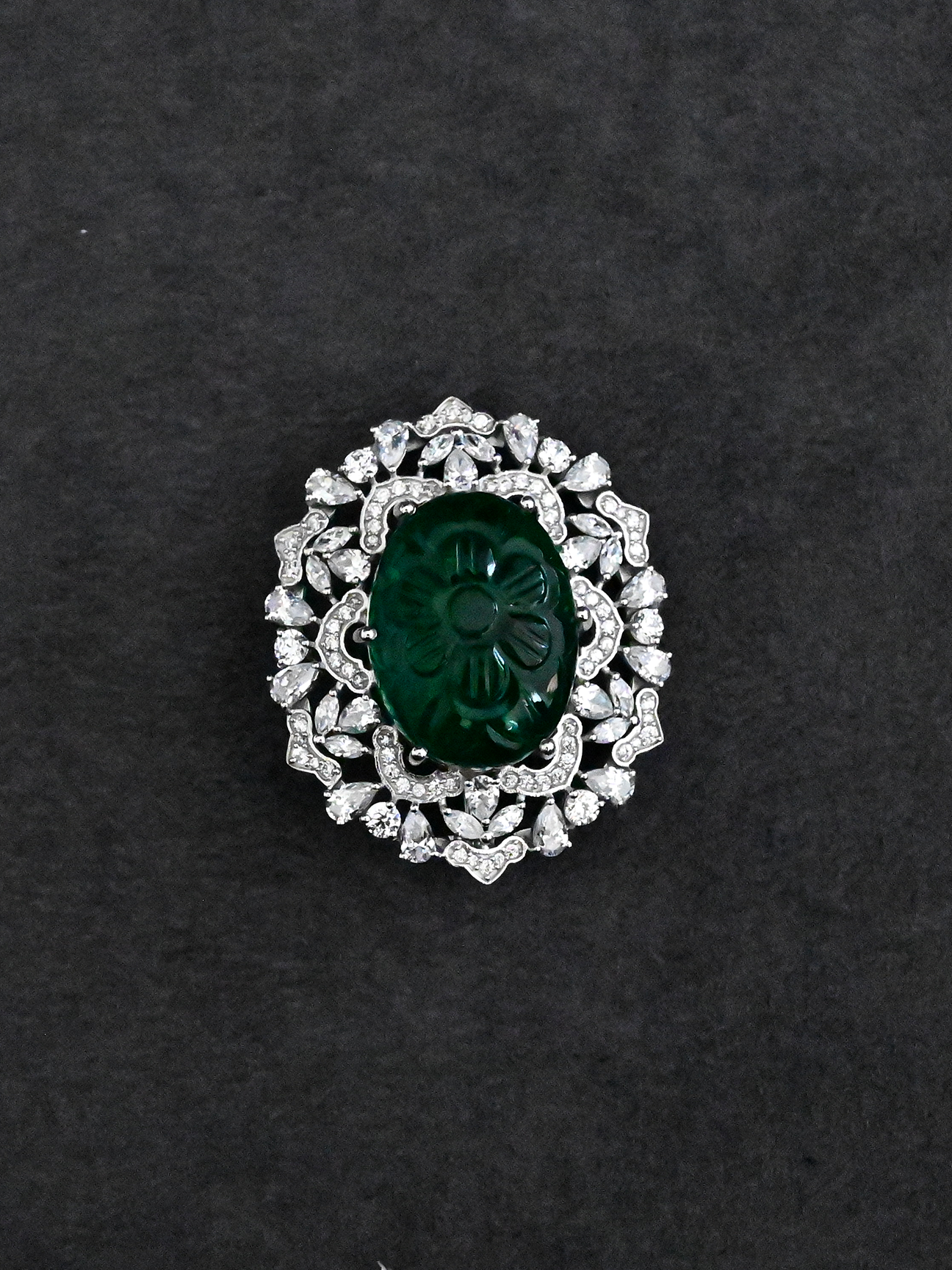 Floral Designer Emerald Carving and Preciosa Sterling Silver Brooch