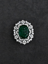 Floral Designer Emerald Carving and Preciosa Sterling Silver Brooch