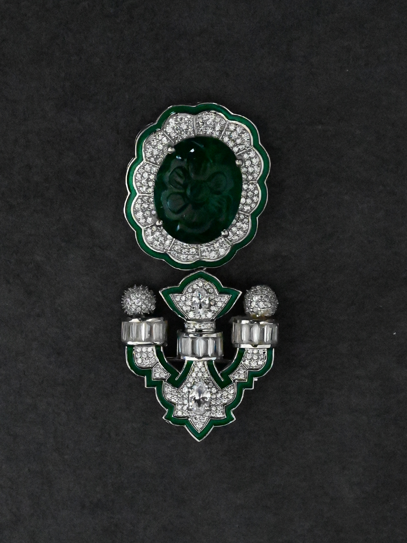 High End Designer Emerald Carving and Preciosa Green Enamel Sterling Silver Brooch