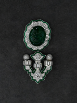 High End Designer Emerald Carving and Preciosa Green Enamel Sterling Silver Brooch
