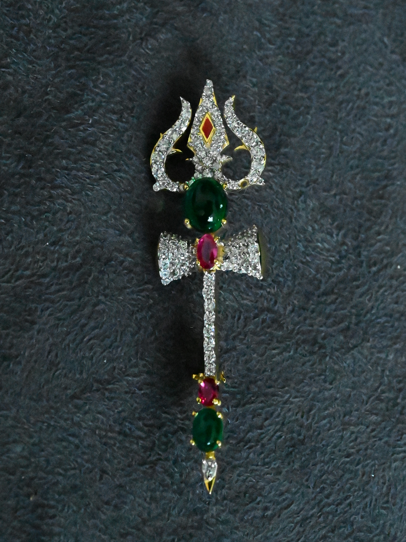 Trishul Design Ruby Emerald Gold Plated Sterling Silver Brooch