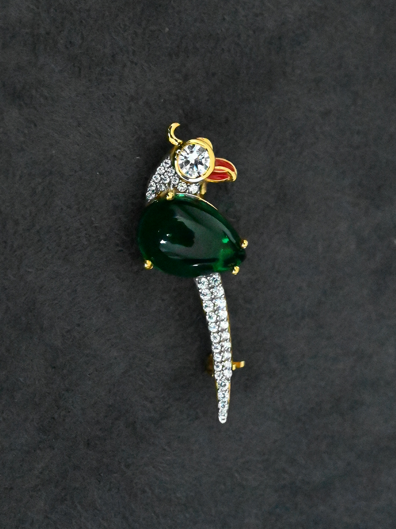 Parrot Designer Emerald Gold Plated Sterling Silver Brooch