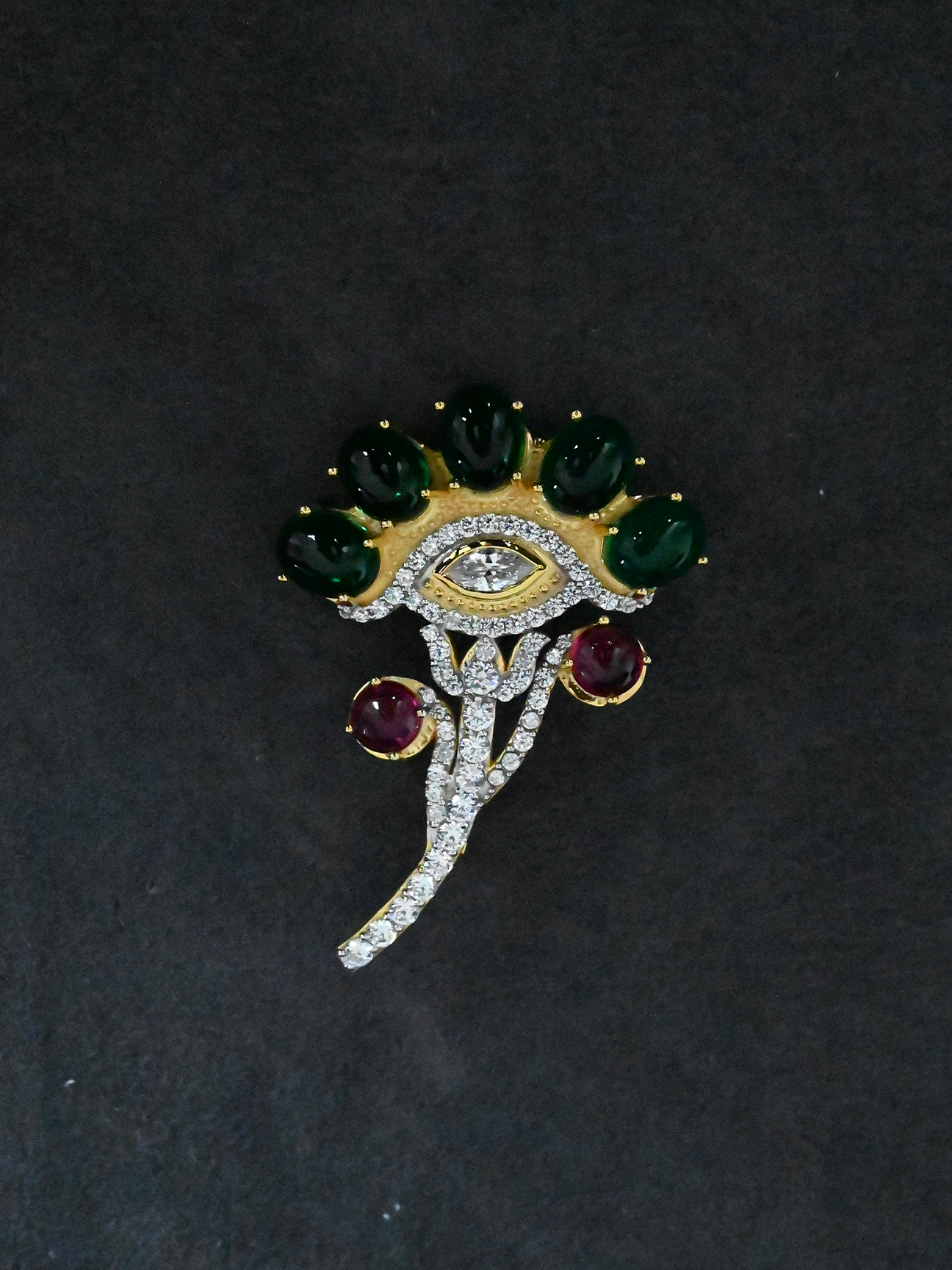 Floral Designer Emerald and Ruby Gold Plated Sterling Silver Brooch