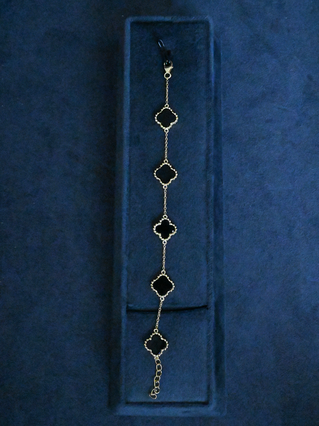 Black Onyx Clover Leaf Gold Plated Flexible Bracelet