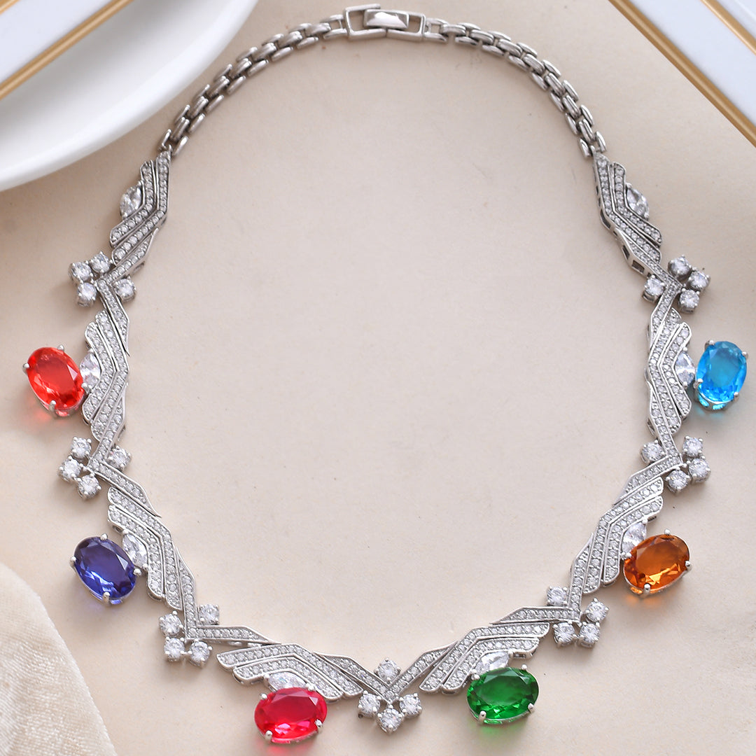 Designer Multi Color Silver Necklace