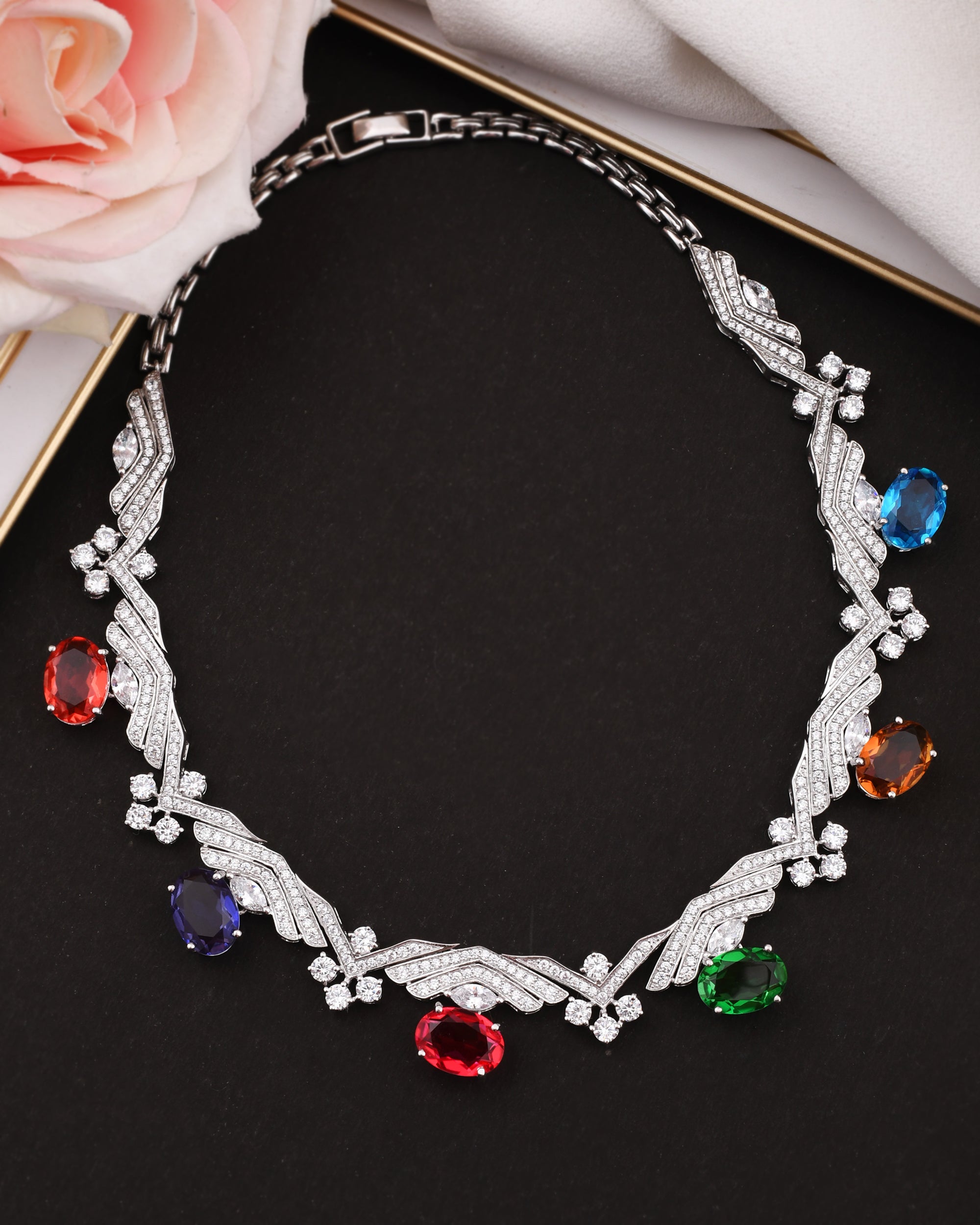 Designer Multi Color Silver Necklace