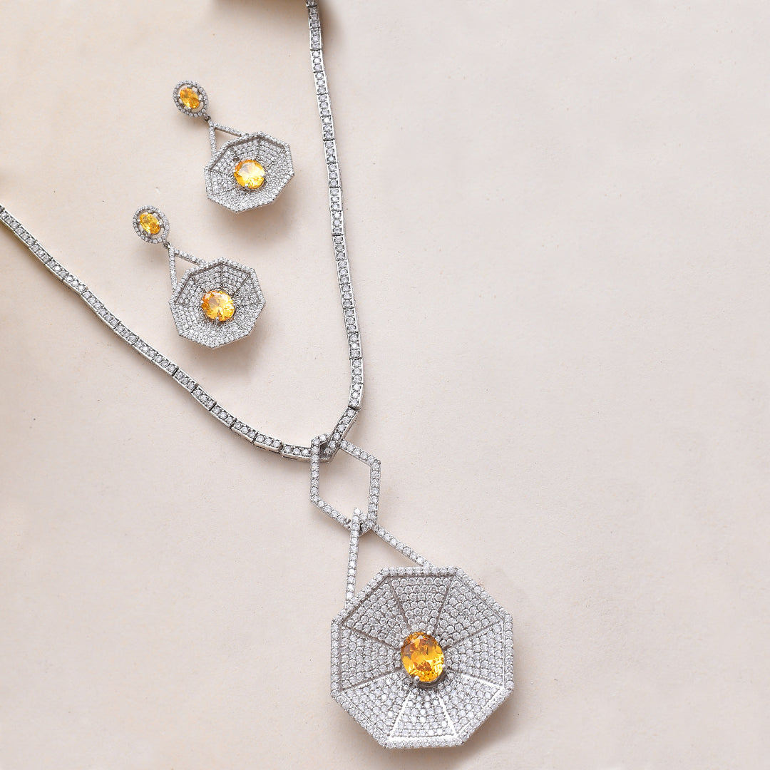 Designer Champagne Colored Stones Silver Necklace