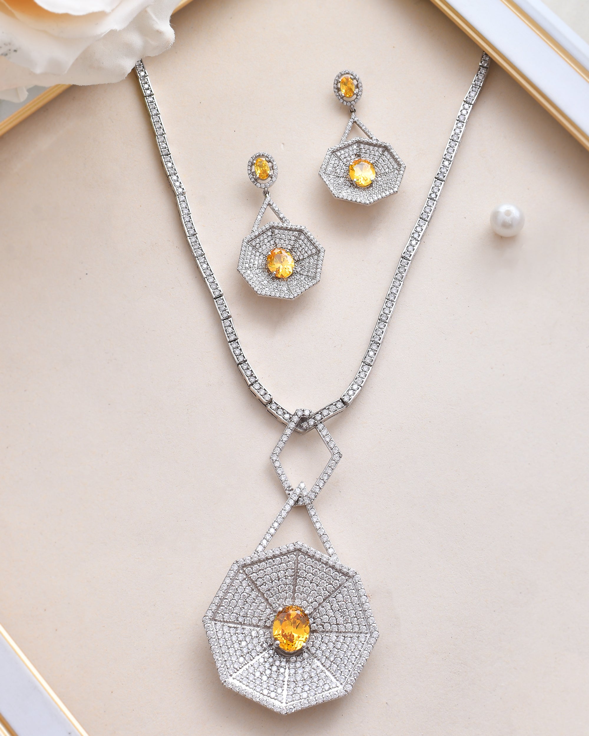 Designer Champagne Colored Stones Silver Necklace