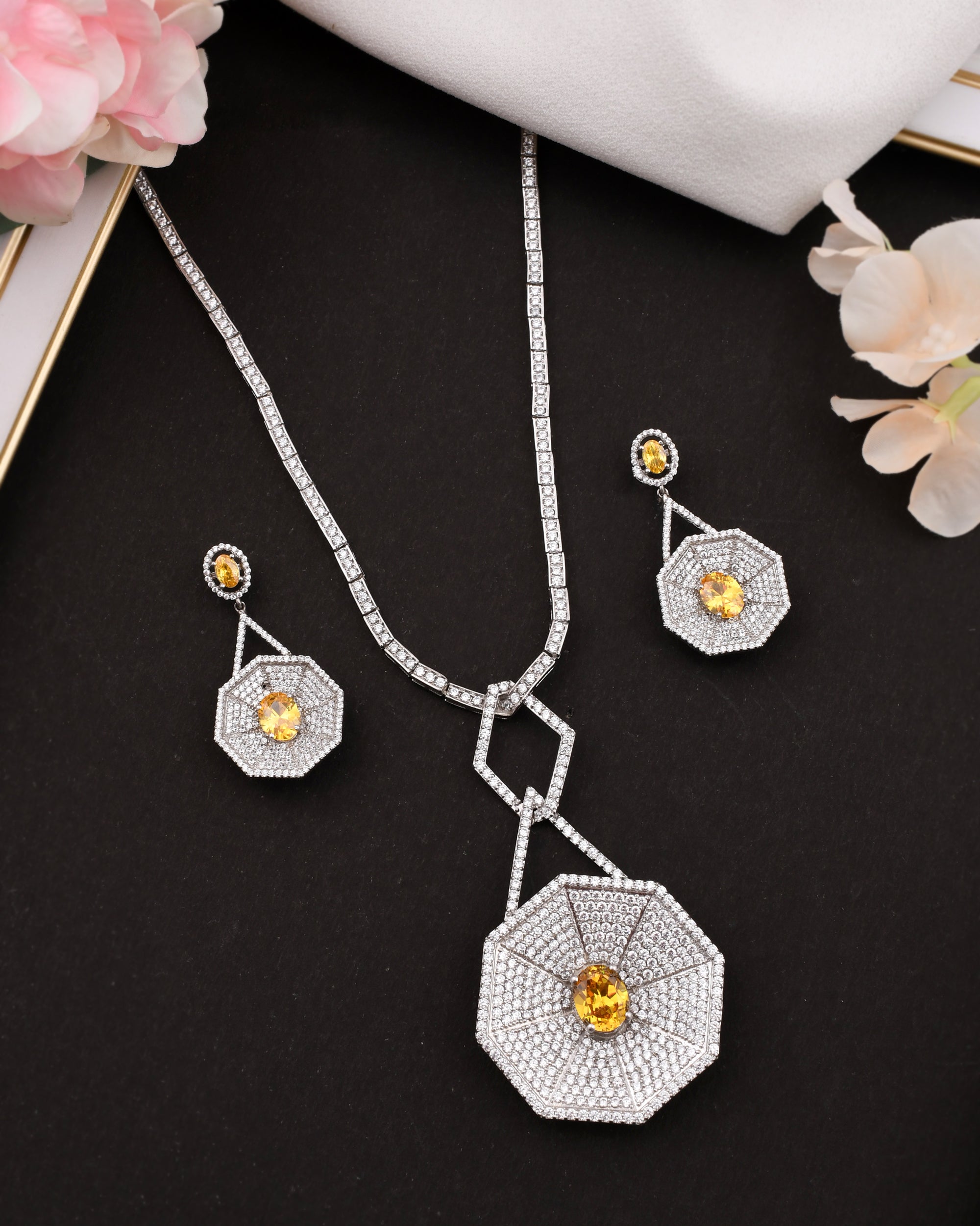 Designer Champagne Colored Stones Silver Necklace