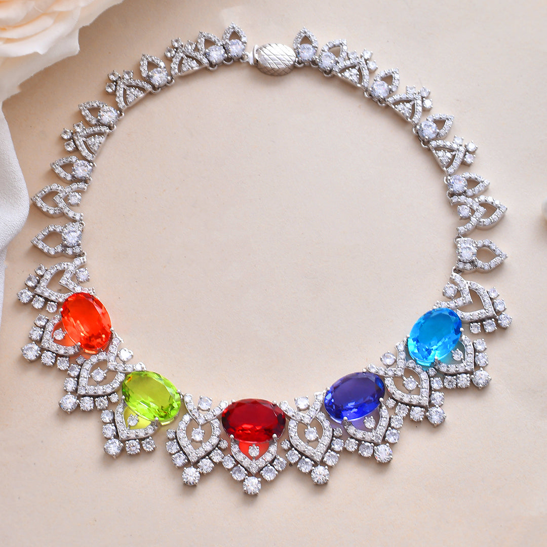 Designer Multi Color Silver Necklace