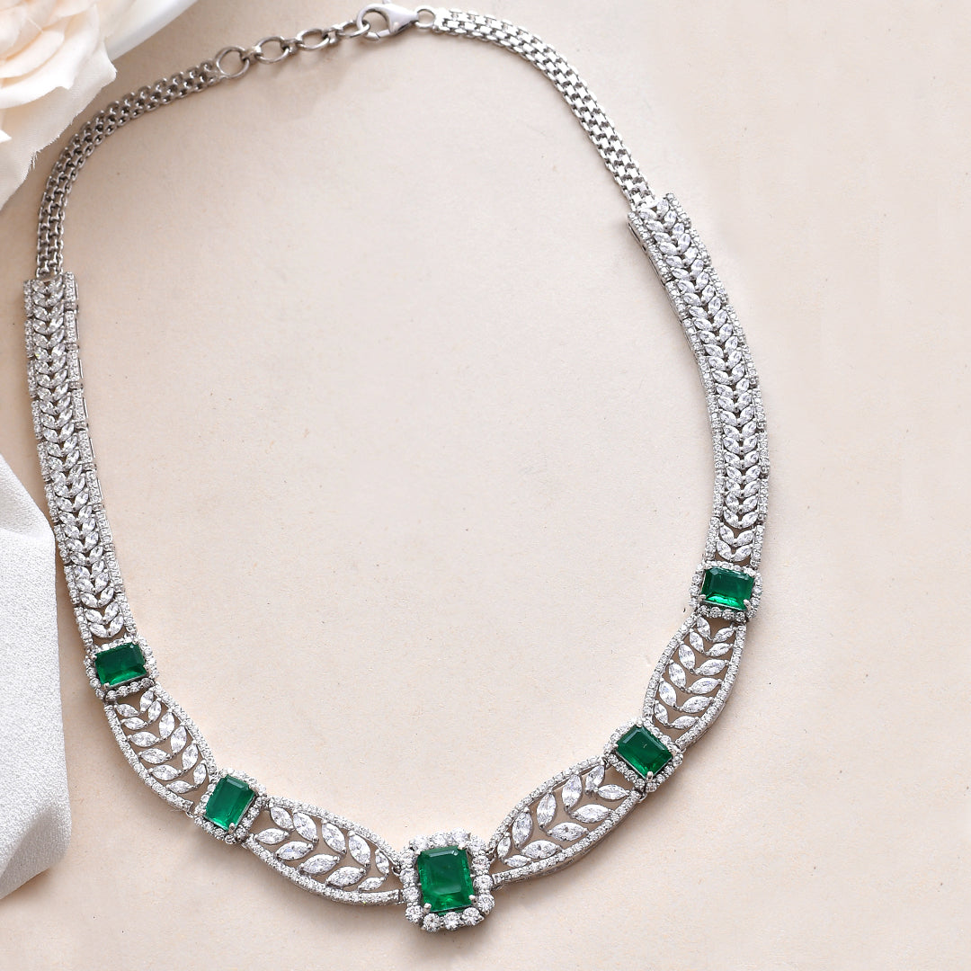 Emerald Green Colored Stones Silver Necklace