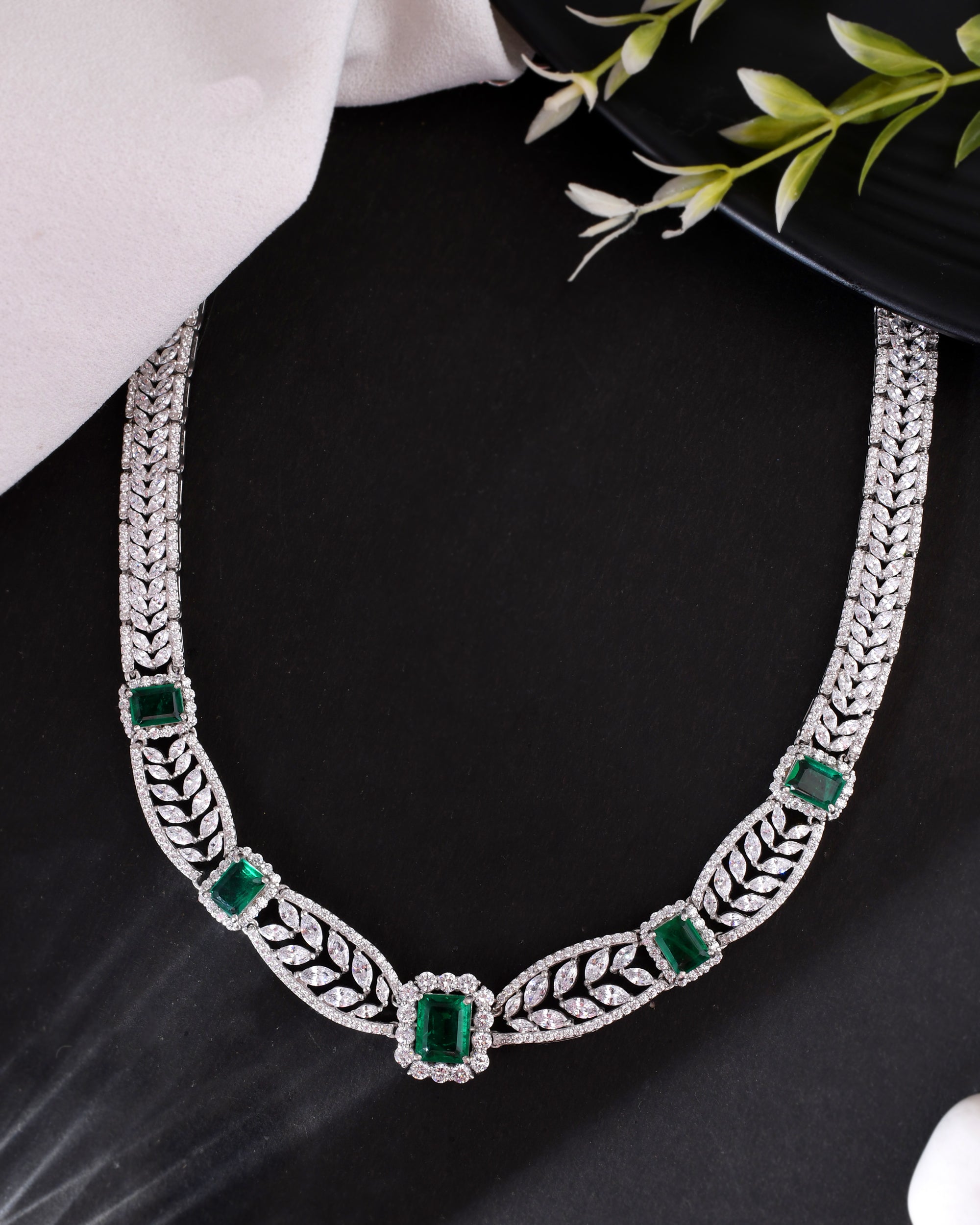 Emerald Green Colored Stones Silver Necklace