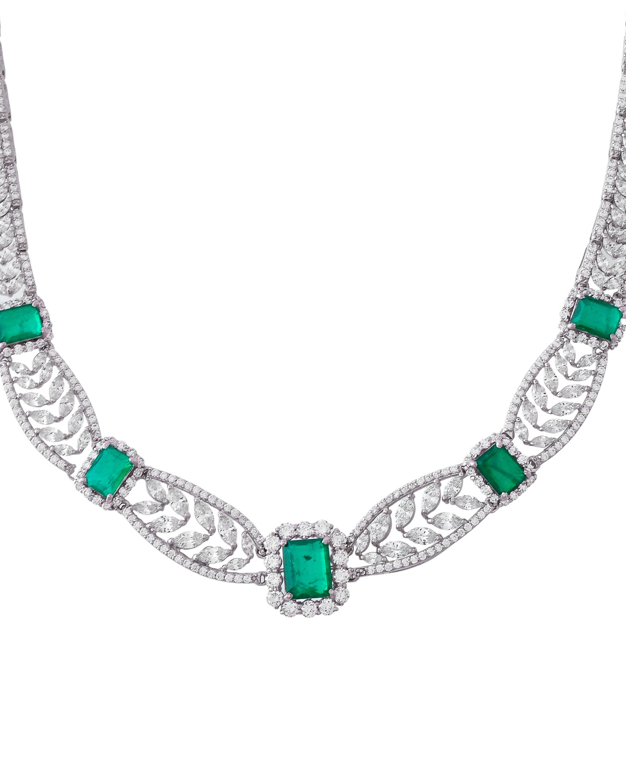 Emerald Green Colored Stones Silver Necklace