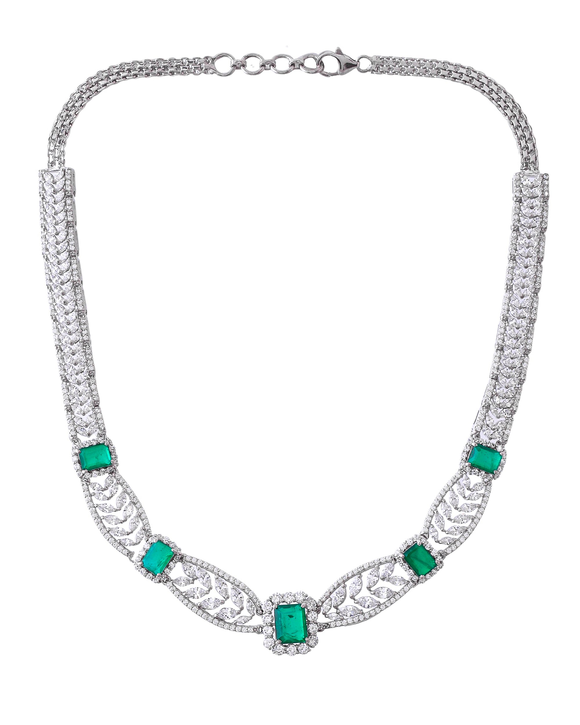 Emerald Green Colored Stones Silver Necklace
