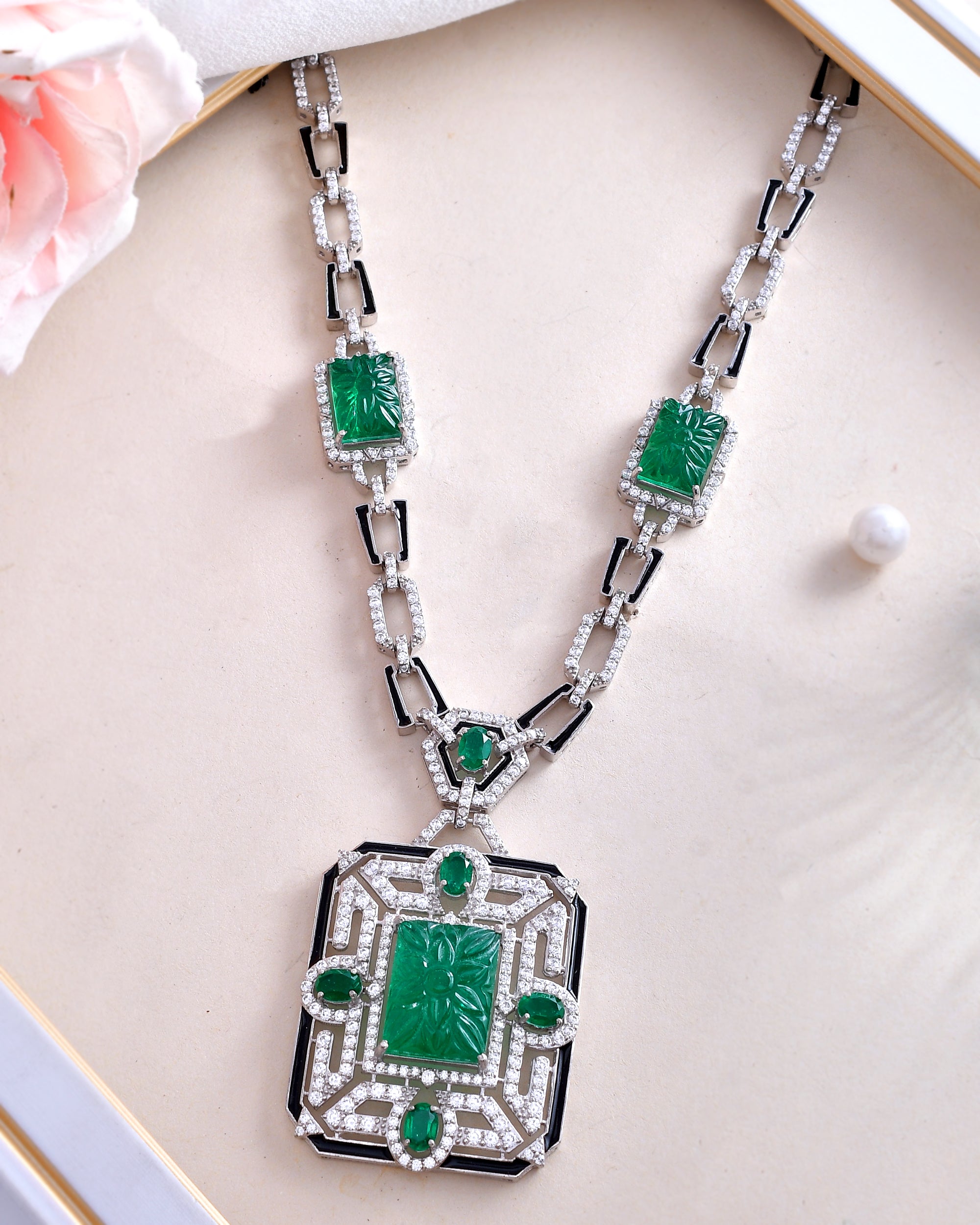 Green Hand Craved Gemstone and Black Enamelled Designer Necklace