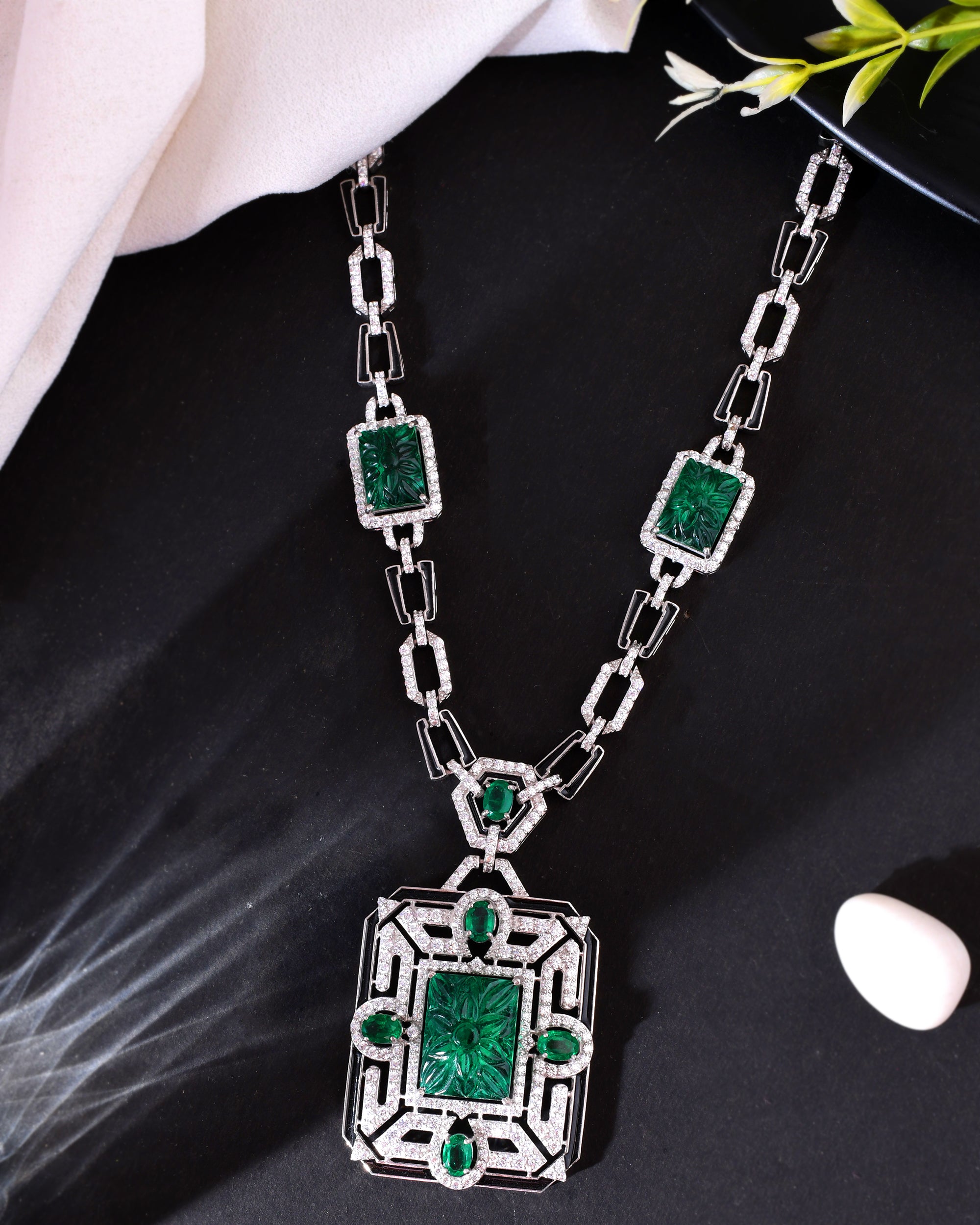 Green Hand Craved Gemstone and Black Enamelled Designer Necklace