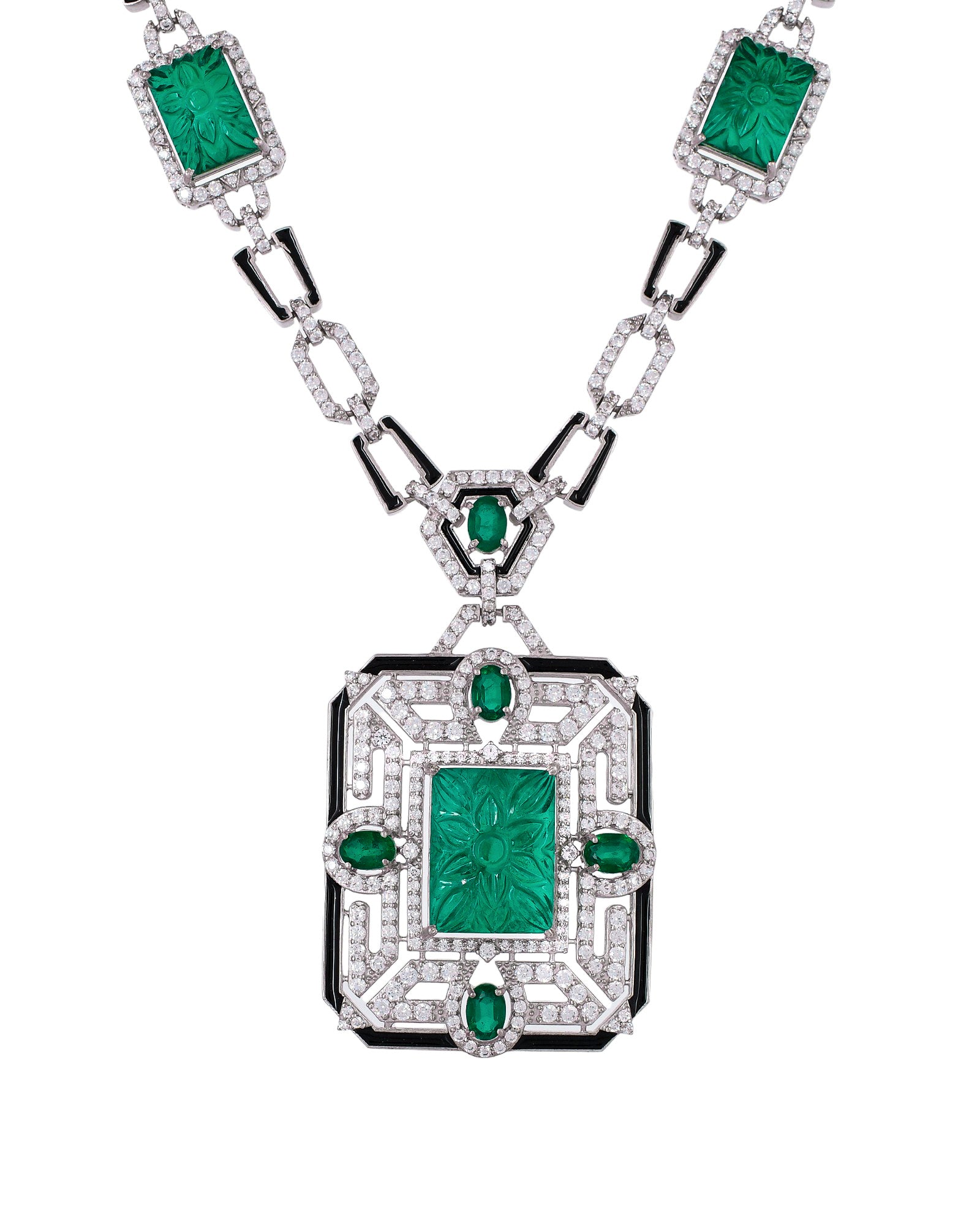 Green Hand Craved Gemstone and Black Enamelled Designer Necklace