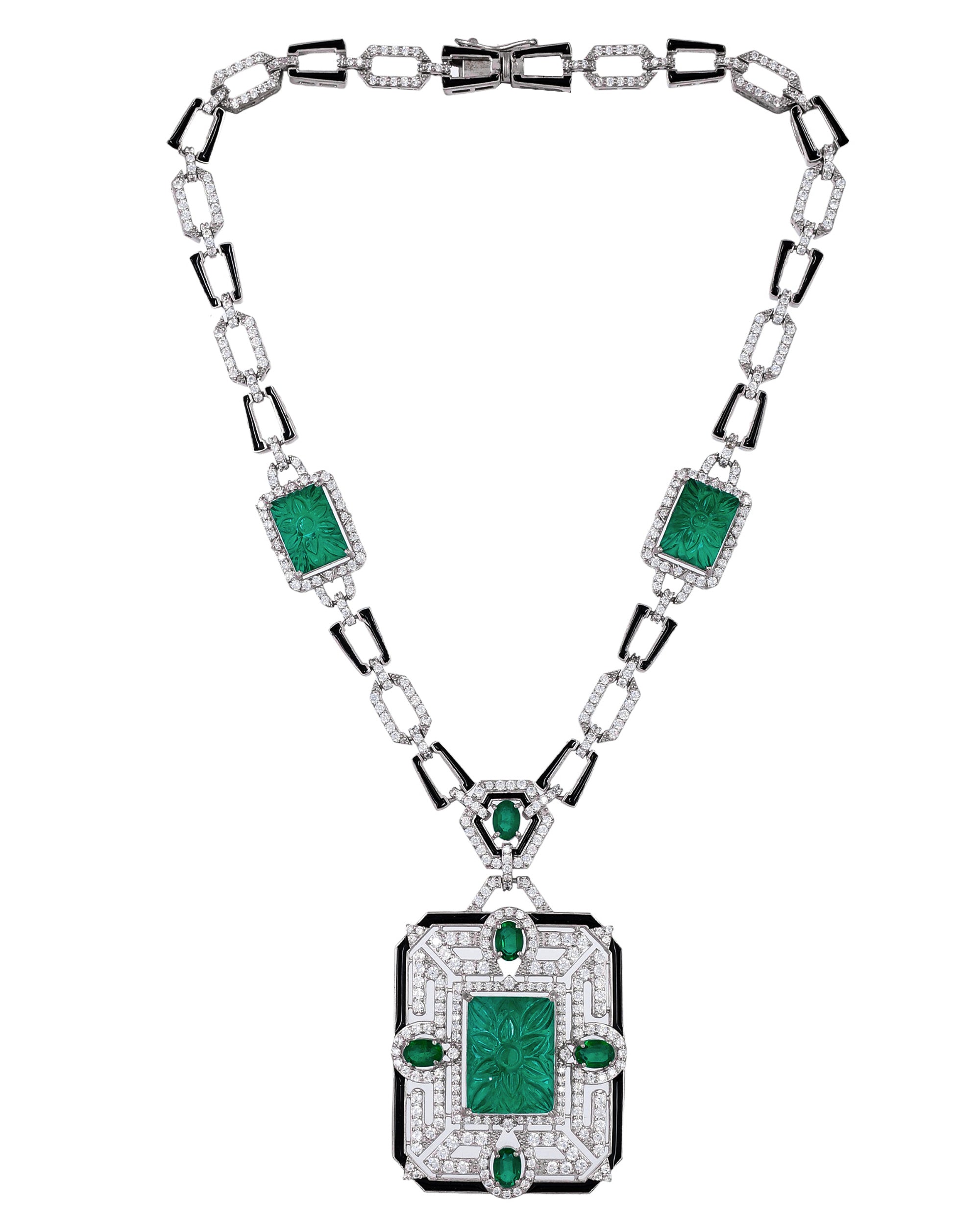 Green Hand Craved Gemstone and Black Enamelled Designer Necklace