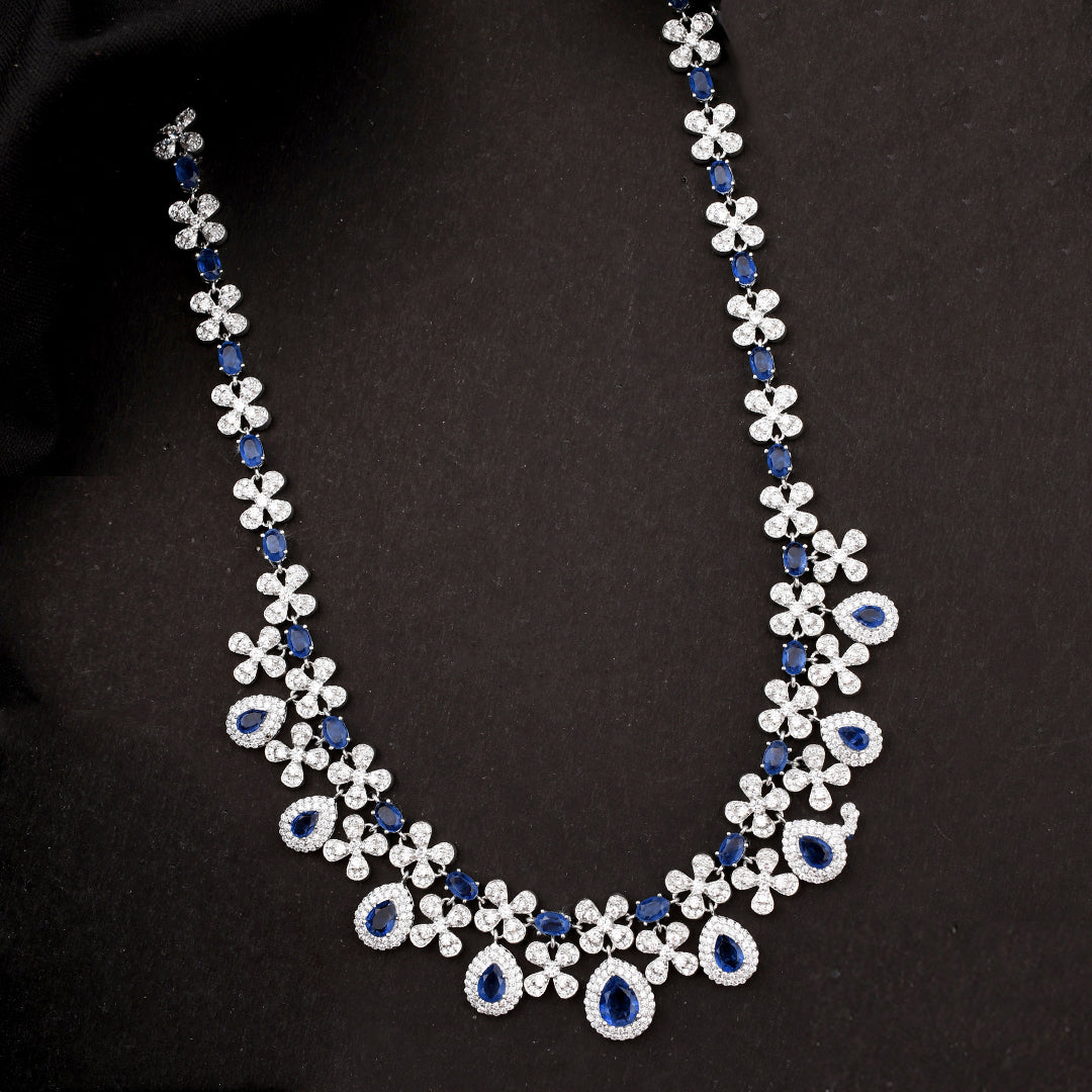 Floral Designer Blue Stone Sterling Silver Necklace