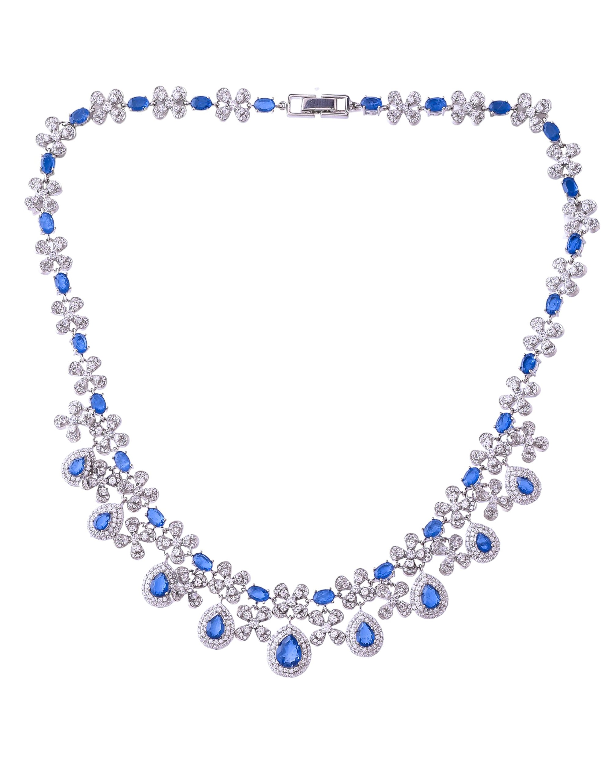 Floral Designer Blue Stone Sterling Silver Necklace