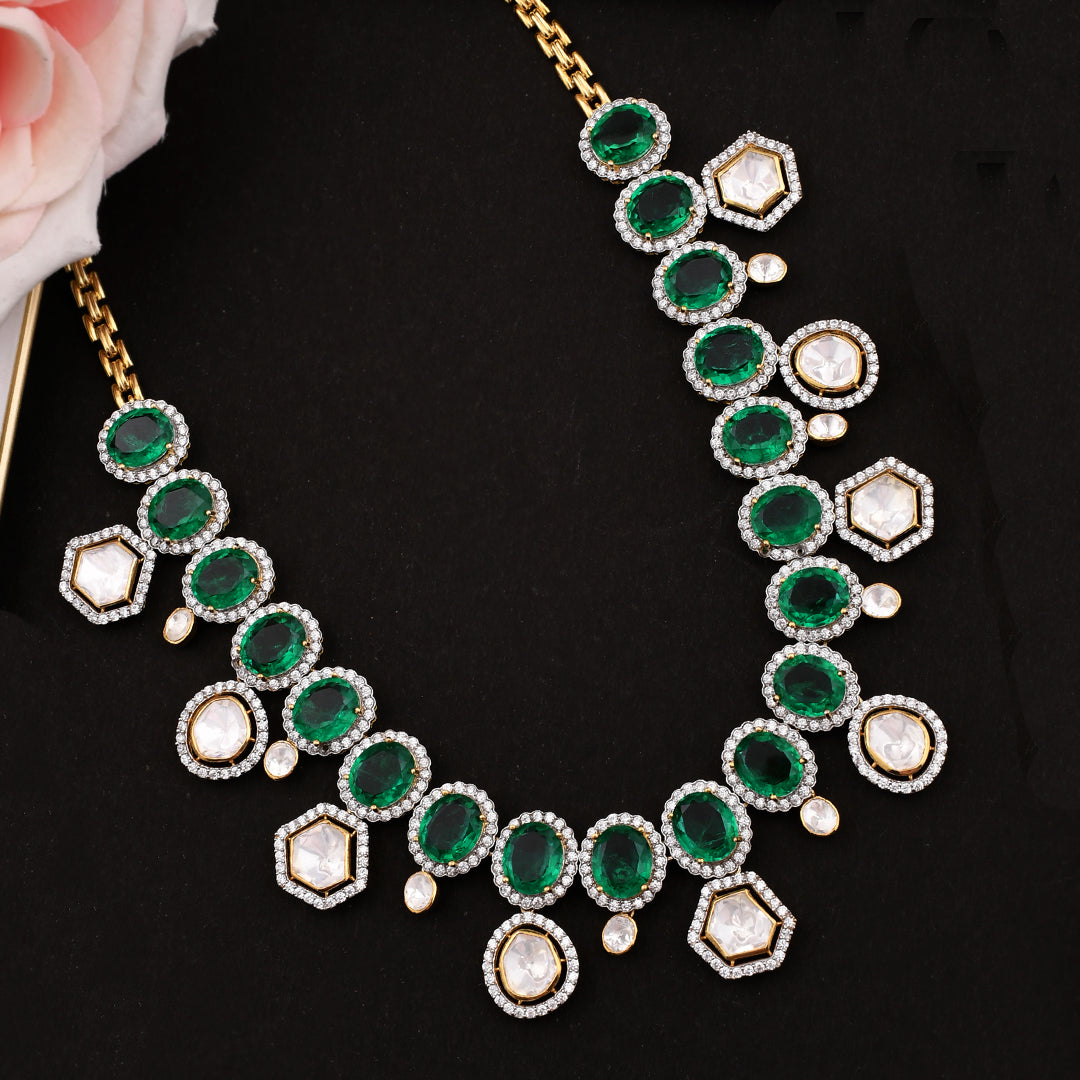 Fusion Green Stone and Kundan Polki Gold Plated Sterling Silver Necklace