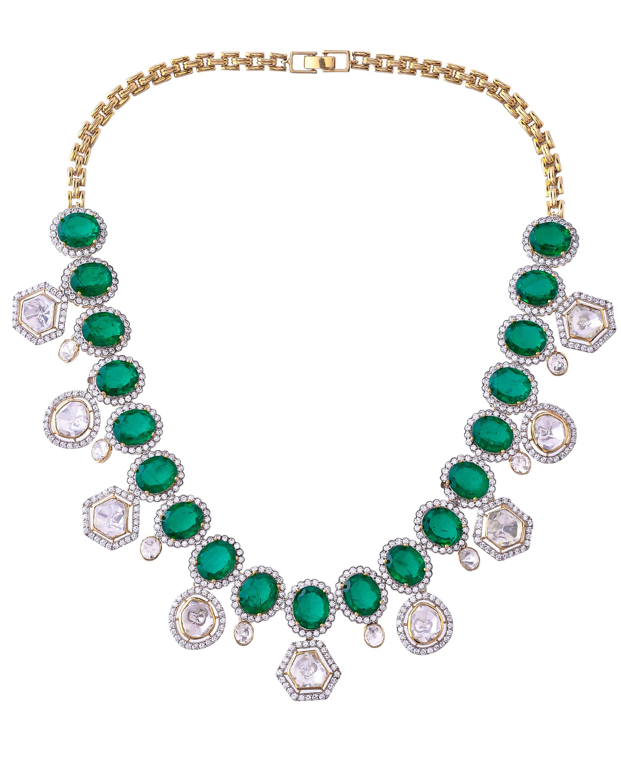 Fusion Green Stone and Kundan Polki Gold Plated Sterling Silver Necklace