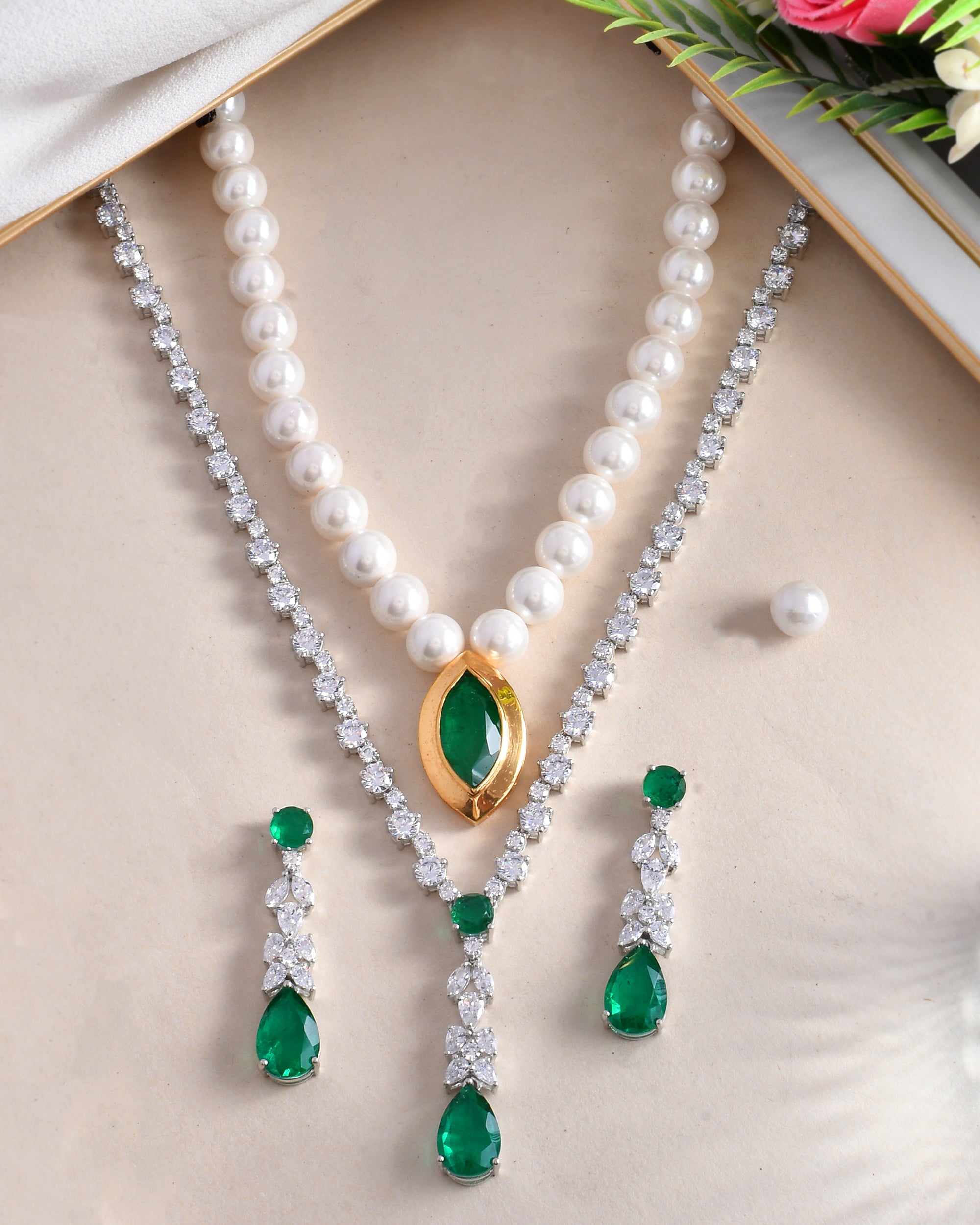 Designer Green Colored Stones Sterling Silver Necklace