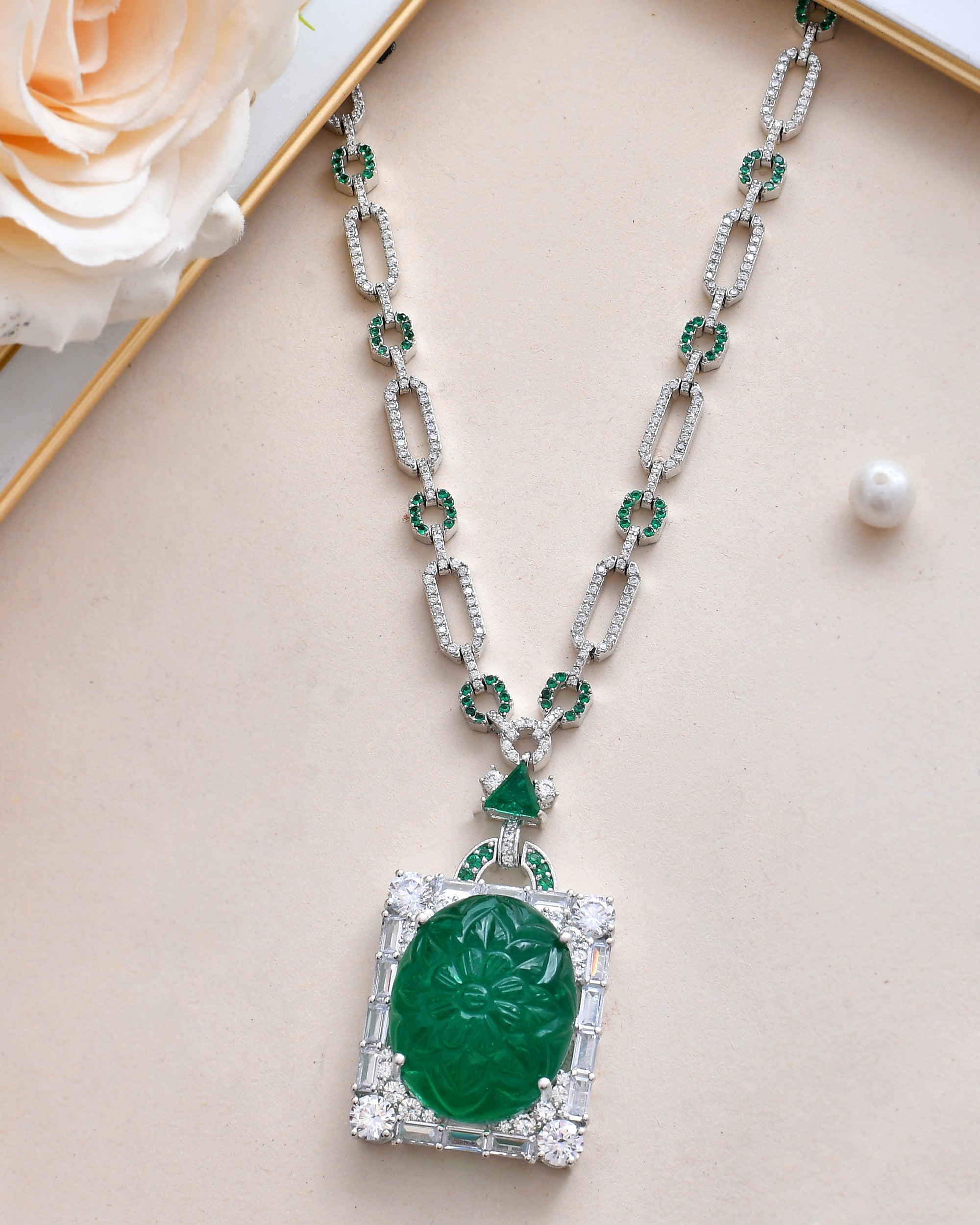 Designer Long Green Stone Carving Sterling Silver Necklace