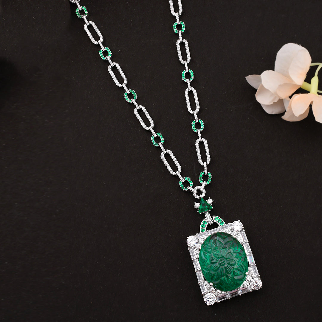Designer Long Green Stone Carving Sterling Silver Necklace