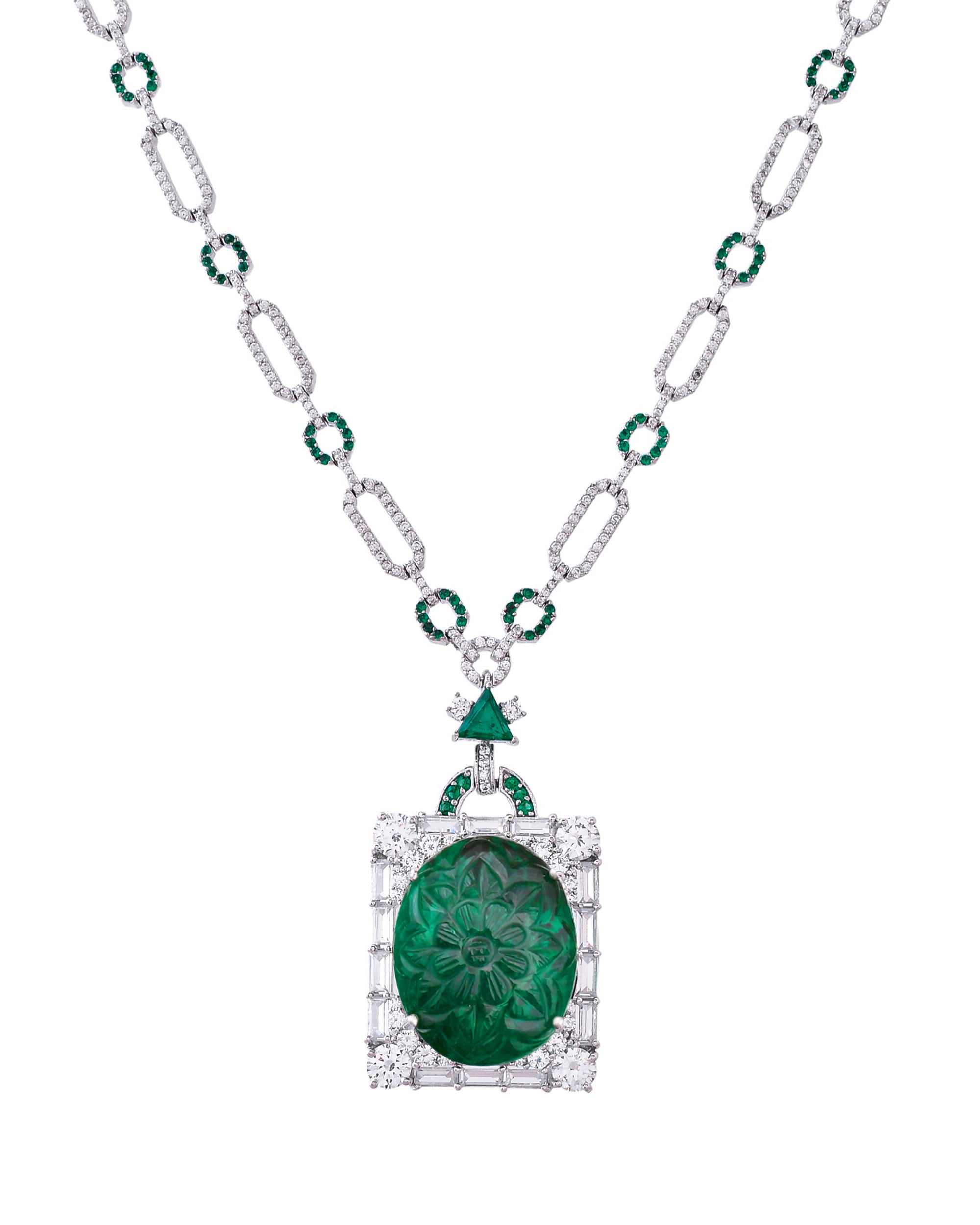 Designer Long Green Stone Carving Sterling Silver Necklace